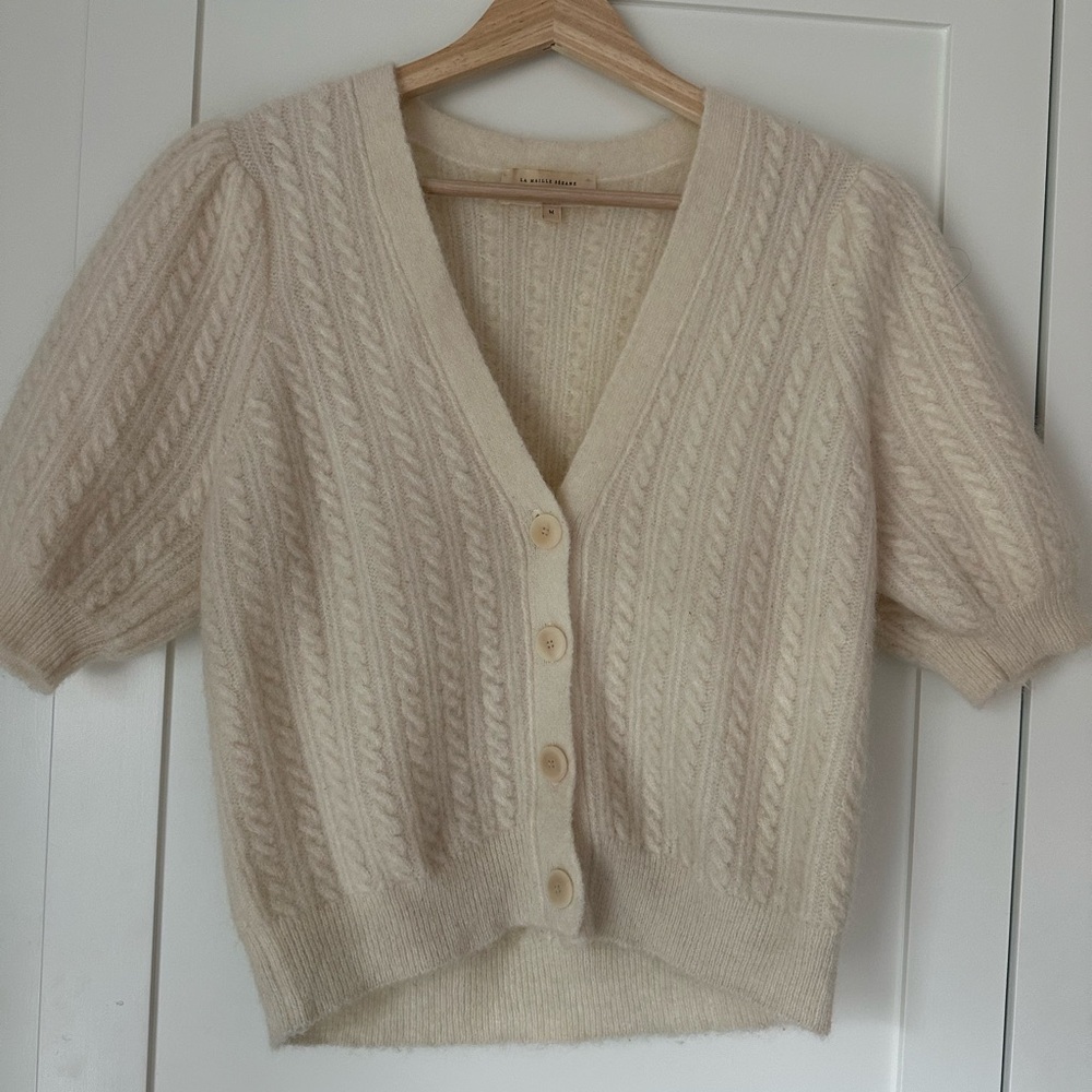 Sezane Cream Cropped Cardigan with V-Neck